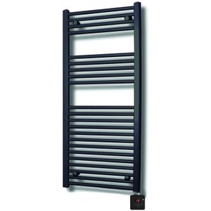 Elektrische design radiator sanicare plug & play 111,8x45 cm mat zwart 596 watt met chroom thermostaat en bluetooth links