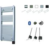 Elektrische design radiator sanicare plug & play 111,8x60 cm zilvergrijs 730 watt met zwarte thermostaat en bluetooth links