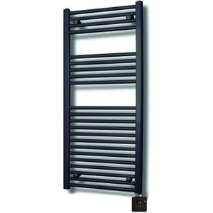 Elektrische design radiator sanicare plug & play 111,8x60 cm mat zwart 730 watt met chroom thermostaat en bluetooth links