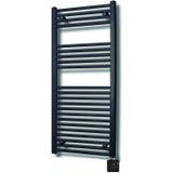 Elektrische design radiator sanicare plug & play 111,8x60 cm mat zwart 730 watt met zwarte thermostaat en bluetooth links