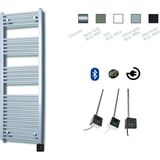 Elektrische design radiator sanicare plug & play 172x45 cm zilvergrijs 596 watt met chroom thermostaat en bluetooth links