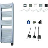 Elektrische design radiator sanicare plug & play 172x60 cm zilvergrijs 730 watt met zwarte thermostaat en bluetooth links