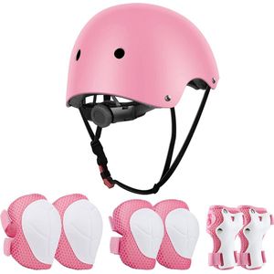 7-delige set beschermende uitrusting voor jongens en meisjes, fietshelm, veiligheidspads voor knieën, elleboogbeschermers en polsbescherming voor scooter, skateboard en fiets (Grijs/Roze)