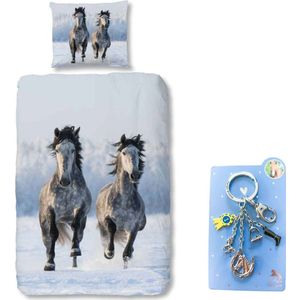 Dekbedovertrek Witte rennende Paarden- Flanel-Katoen- 1 persoons- 140x200- dekbed slaapkamer- Snow Horses, incl. 5 delige metalen sleutelhanger paard