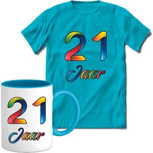 21 Jaar Vrolijke Verjaadag T-shirt met mok giftset Blauw | Verjaardag cadeau pakket set | Grappig feest shirt Heren – Dames – Unisex kleding | Koffie en thee mok | Maat XXL