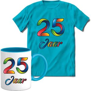 25 Jaar Vrolijke Verjaadag T-shirt met mok giftset Blauw | Verjaardag cadeau pakket set | Grappig feest shirt Heren – Dames – Unisex kleding | Koffie en thee mok | Maat XXL