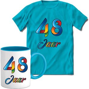 48 Jaar Vrolijke Verjaadag T-shirt met mok giftset Blauw | Verjaardag cadeau pakket set | Grappig feest shirt Heren – Dames – Unisex kleding | Koffie en thee mok | Maat XL