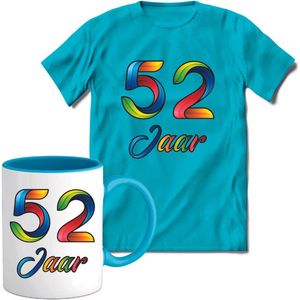 52 Jaar Vrolijke Verjaadag T-shirt met mok giftset Blauw | Verjaardag cadeau pakket set | Grappig feest shirt Heren – Dames – Unisex kleding | Koffie en thee mok | Maat XXL
