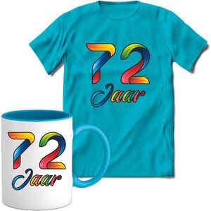 72 Jaar Vrolijke Verjaadag T-shirt met mok giftset Blauw | Verjaardag cadeau pakket set | Grappig feest shirt Heren – Dames – Unisex kleding | Koffie en thee mok | Maat 3XL