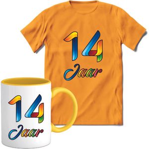 14 Jaar Vrolijke Verjaadag T-shirt met mok giftset Geel | Verjaardag cadeau pakket set | Grappig feest shirt Heren – Dames – Unisex kleding | Koffie en thee mok | Maat XL