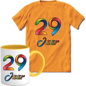 29 Jaar Vrolijke Verjaadag T-shirt met mok giftset Geel | Verjaardag cadeau pakket set | Grappig feest shirt Heren – Dames – Unisex kleding | Koffie en thee mok | Maat XXL