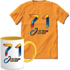 71 Jaar Vrolijke Verjaadag T-shirt met mok giftset Geel | Verjaardag cadeau pakket set | Grappig feest shirt Heren – Dames – Unisex kleding | Koffie en thee mok | Maat XL