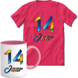 14 Jaar Vrolijke Verjaadag T-shirt met mok giftset Roze | Verjaardag cadeau pakket set | Grappig feest shirt Heren – Dames – Unisex kleding | Koffie en thee mok | Maat M