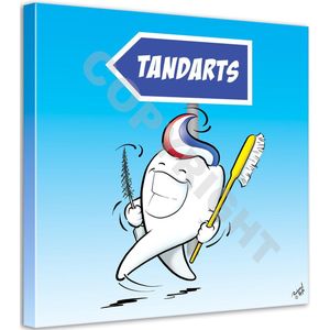 Tandarts Cartoon op canvas - Roland Hols - Wandelende kies - 90 x 90 cm - Houten frame 4 cm dik