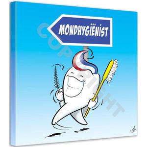 Mondhygiënist Cartoon op canvas - Roland Hols - Wandelende kies - 60 x 60 cm - Houten frame 4 cm dik