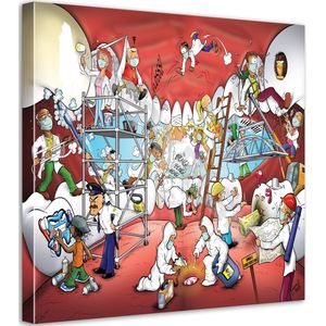 Tandarts Cartoon op canvas - Roland Hols - Tandwerkzaamheden - 90 x 90 cm - Houten frame 4 cm dik - Orthodontist - Mondhygiënist