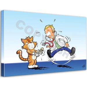 Dierenarts Cartoon op canvas - Roland Hols - Arm visje - 90 x 120 cm - Houten frame 4 cm dik