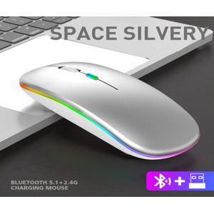 RujorTech Draadloze Zilver Kleurige Muis 2.4G - Oplaadbaar - Bluetooth Muis Draadloos - RGB LED Computermuis - Laptop - Universeel - Ergonomisch - 4 Knoppen - Stil