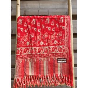 Nepal Omslagdoek Plaid Sjaal Yak Wol/Acryl (200 x 100 cm) Rood/Creme