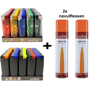 Klik Aanstekers - 100 stuks - Unilite electronic lighter - navulbaar aansteker + 2 gasflessen