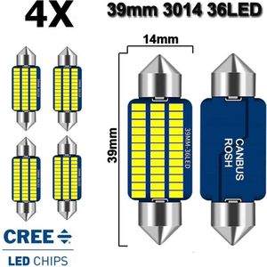( Set 4 Stuks ) C5W 39mm Helder Wit 6500K 12V LED CANbus Geschikt met ESP CHIP foutloos - 3014 Cree 36-SMD  - 6500 Kelvin -1150 Lumen - Instrument - Interieur verlichting - 39 mm - RTH39W