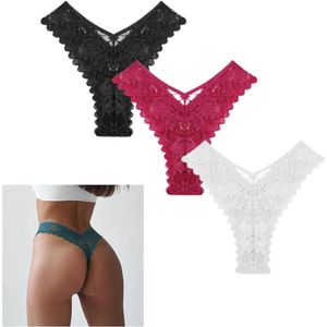 High Waist - Dames String - 3 Pack - Zwart Wit Rood - Lingerie Ondergoed Set