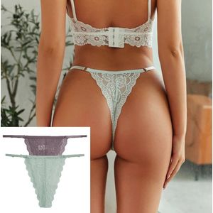 Luxe Dames String met Kant - 2 Stuks - Nude & Mintgroen - Intieme Lingerie Dames / Ondergoed Set Vrouw - High Waist - Maat M