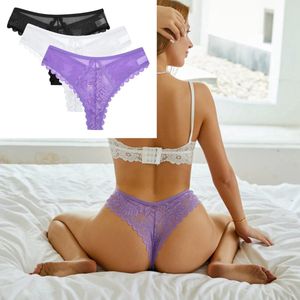 3 Pack - Sexy Brazilian Dames String - Kant - Paars, Wit en Zwart - Dames Lingerie / Ondergoed Set - Maat S