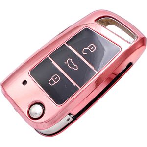 Zachte TPU Sleutelcover - Metallic Chroom Roze - Sleutelhoesje Geschikt voor Volkswagen Polo / Golf / 2014 - 2021 / Seat Leon / Seat Ibiza / Golf GTI / Golf R / Golf 7 / Skoda - Sleutel Hoesje Cover - Auto Accessoires