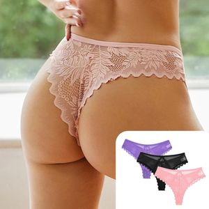 3 Pack - Sexy Brazilian Dames String - Kant - Paars, Roze en Zwart - Dames Lingerie / Ondergoed Set - Maat L