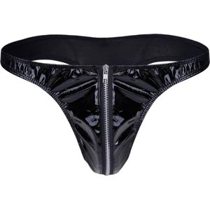 Heren Slip met Rits - Latex Look - String Zwart - Sexy Design - One Size - Mannen String - Ondergoed Maat L