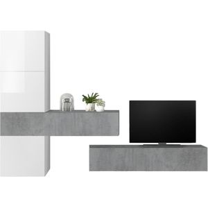 TV-wandmeubel Bruno in hoogglans wit met grijs beton
