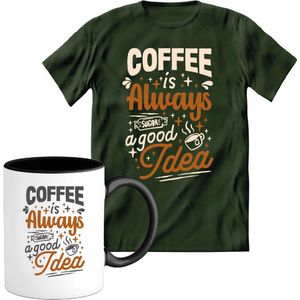 T-Shirtknaller T-Shirt met Koffiemok | Coffee is always a good - Koffie Kleding | Heren / Dames Shirt met Mok Cadeau | Kleur groen | Maat 3XL