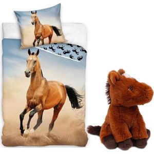 Dekbedovertrek Bruin Paard- 140x200cm- 1 persoons- 100%Katoen- Dubbelzijdig- Rennend Paard, incl. zachte paarden knuffel - 20 cm