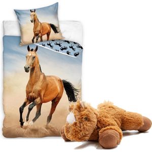 Dekbedovertrek Bruin Paard- 140x200cm- 1 persoons- 100%Katoen- Dubbelzijdig- Rennend Paard, incl. zachte paarden knuffel - 20 cm.