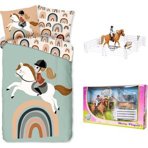 Dekbedovertrek Ruiter- paard- spring ruiter- meisje- 140x200/220cm- katoen- incl. paarden speelset