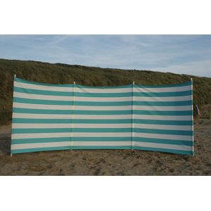Strand Windscherm Turquoise - Wit - 4 meter Sterk Dralon met 2 Delige Houten Stokken 180 cm - Inclusief houten hamer
