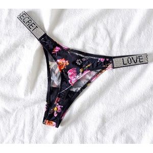 Love Secret String Zwart - Luxe Design - satijn lingerie met Diamantjes - High Waist - Ondergoed