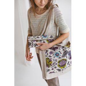 Handgemaakte linnen Opvouwbare tas - met wilde bloemen - paarse bloemen - grote voorzak