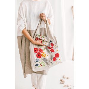 Handgemaakte linnen Opvouwbare tas - met wilde bloemen - rode bloemen - grote voorzak