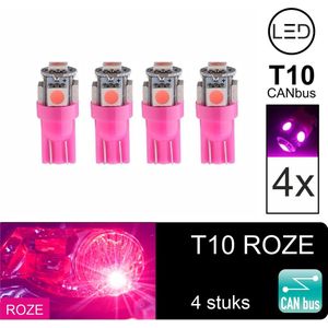 4x T10 Led Lamp Roze Canbus 5W5 | W5W | 5 LED | ROZE | Led Signal Light | 12V | 168 | 194 | 4 x | Stadslicht | Kentekenplaat Verlichting | 320 Lumen | 5050 5SMD | Autolamp | Autolampen | Car licht | Lampen |