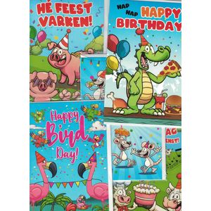 Wenskaarten - beestachtige verjaardag - gefeliciteerd - felicitatie kind - feestvarken - birthday - set van 5 - humor