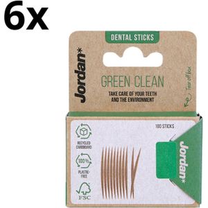 6x Jordan Green Clean Tandenstokers Dun 100 stuks - Voordeelverpakking