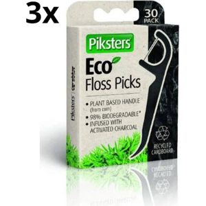 Piksters Eco Charcoal Floss Picks - 3 x 30 stuks - Voordeelverpakking