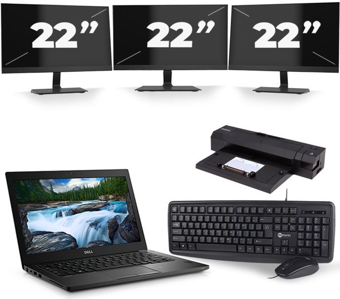 Dell Latitude 7280 - Intel Core i7-6e Generatie - 12 inch - 16GB RAM - 256GB SSD - Windows 11 + 3x 22 inch Monitor Zichtbaar gebruikt