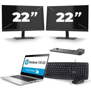 HP EliteBook 735 G5 - AMD Ryzen 3 PRO 2300U - 13 inch - 8GB RAM - 256GB SSD - Windows 10 + 2x 22 inch Monitor Zichtbaar gebruikt