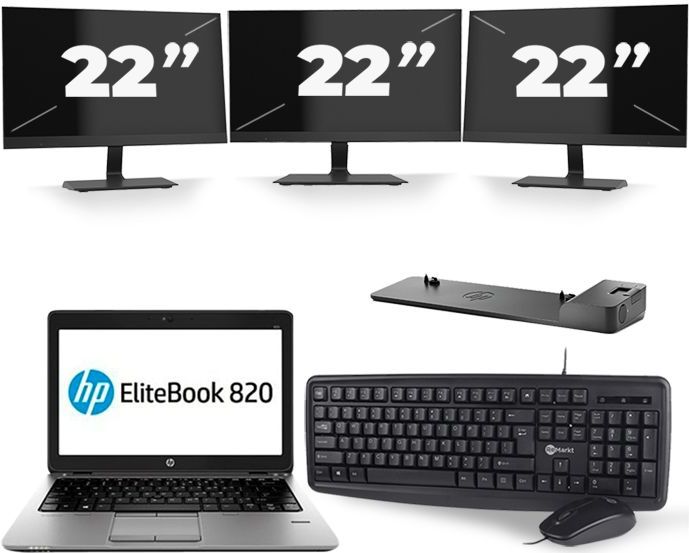 HP EliteBook 820 G3 - Intel Core i5-6e Generatie - 12 inch - 8GB RAM - 256GB SSD - Windows 11 + 3x 22 inch Monitor Nette Staat