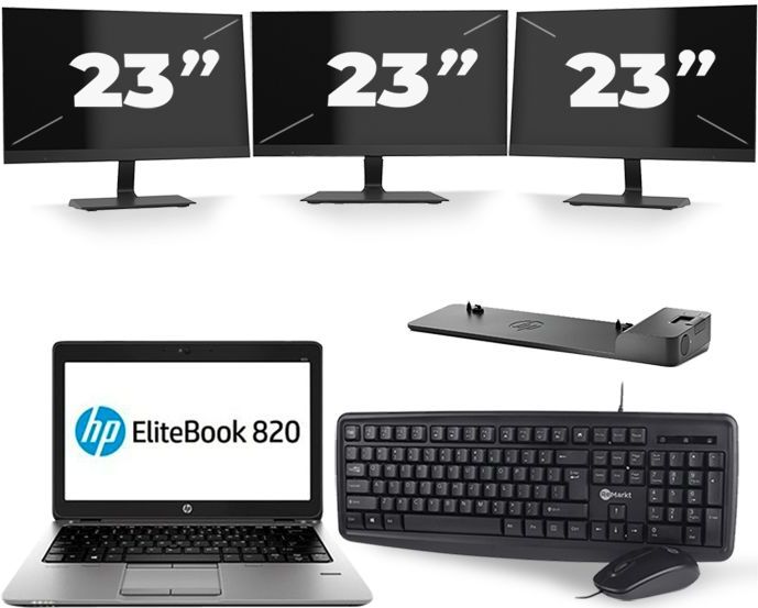 HP EliteBook 820 G3 - Intel Core i5-6e Generatie - 12 inch - 8GB RAM - 256GB SSD - Windows 11 + 3x 23 inch Monitor Zichtbare schade