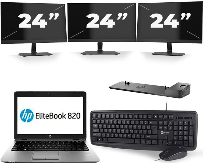 HP EliteBook 820 G3 - Intel Core i7-6e Generatie - 12 inch - 16GB RAM - 256GB SSD - Windows 11 + 3x 24 inch Monitor Nette Staat