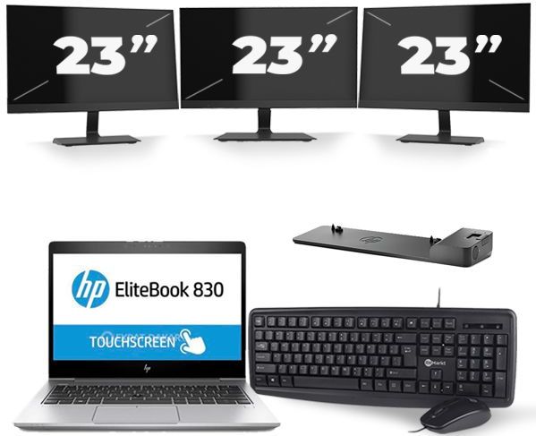 HP EliteBook 830 G5 - Intel Core i7-8e Generatie - 13 inch - 16GB RAM - 256GB SSD - Windows 11 + 3x 23 inch Monitor Zichtbaar gebruikt